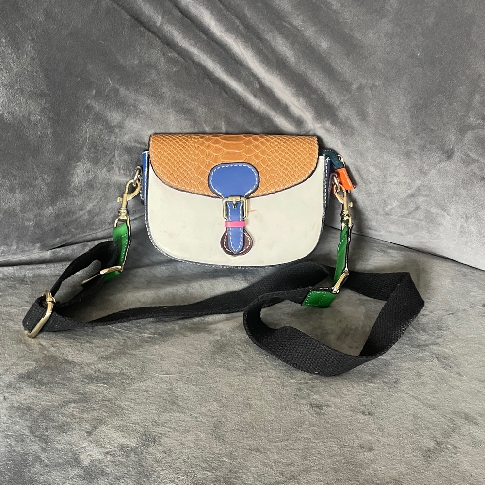 Colorblock Leather Crossbody Bag in White, Tan, Blue and Green
